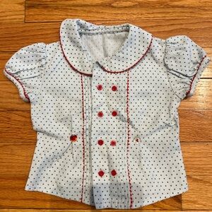 Vintage looking green polka Dot button down light blue blouse with Red Accents